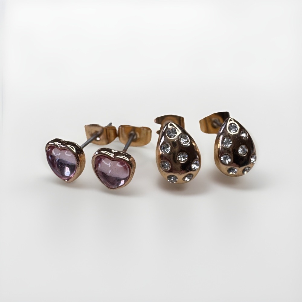 Earring Set Heart Studs W/ Gold Plated Sterling Silver Backs Hypoallergenic New